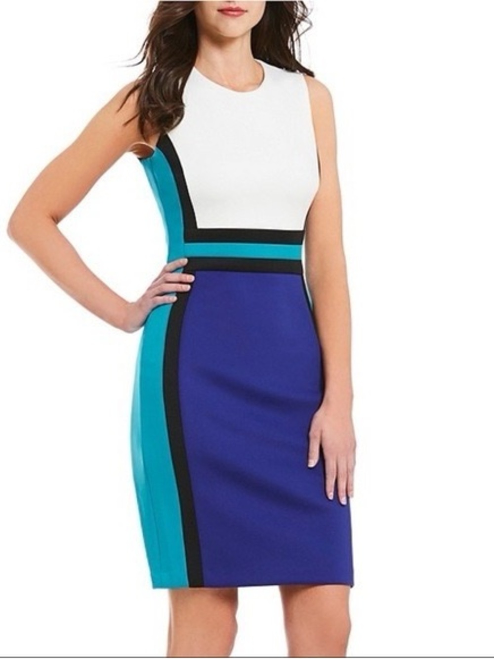Calvin Klein Sleeveless Colorblock Scuba Sheath Dress in White, Teal & Blue NWT